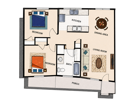Floor plan for 2 beds, 1 bath, 960 sqft